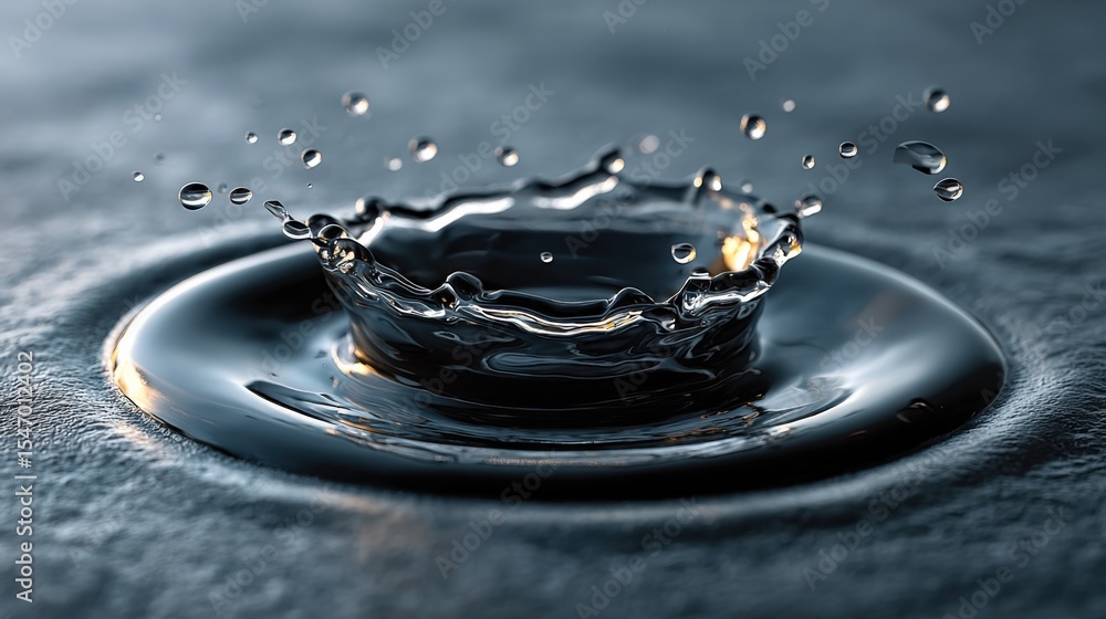 Poster Close-up of a Droplet Creating a Splash in Calm Water with Detailed Ripples and Reflection Effect in High Resolution