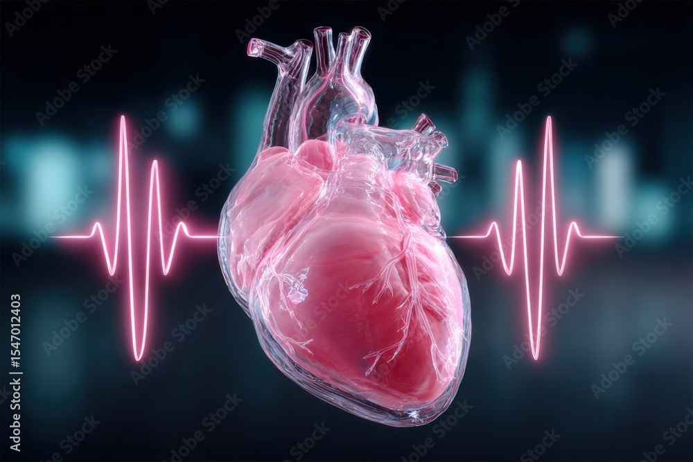 Poster Highly detailed 3D rende of a realistic human heart with transparent chambers and an active heartbeat pulse line in background
