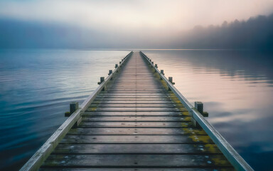 Obraz premium A breathtaking view of a wooden pier stretching into a serene, fog-covered lake during the early morning hours. The soft mist blurs the distant treeline while the calm water reflects the gentle pastel