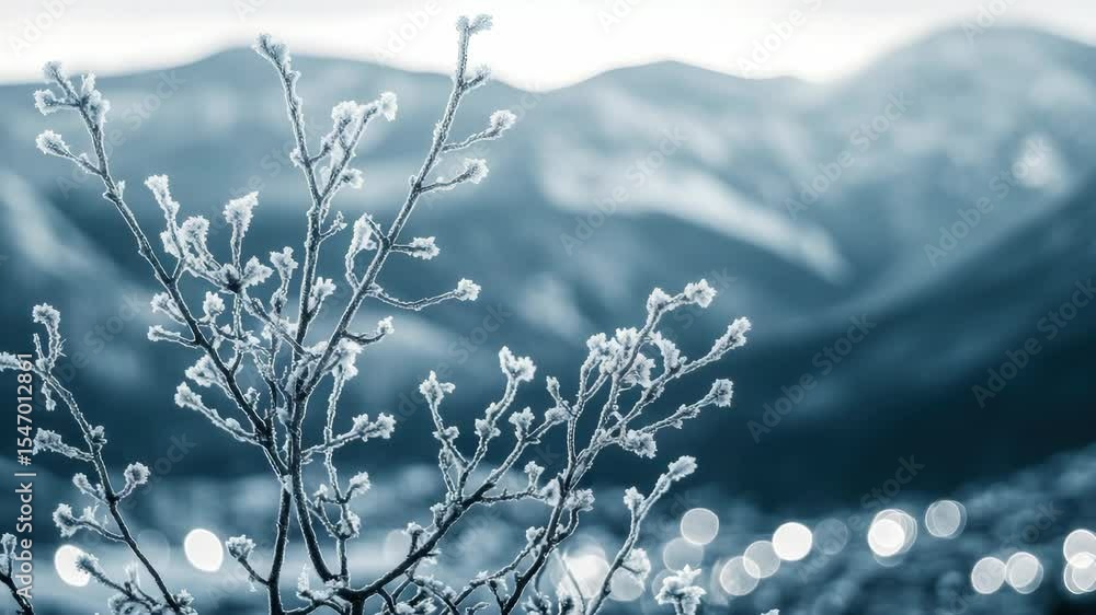 Aufkleber a tree with frost on it is in front of a mountain. the has a serene and peaceful mood, with the fros