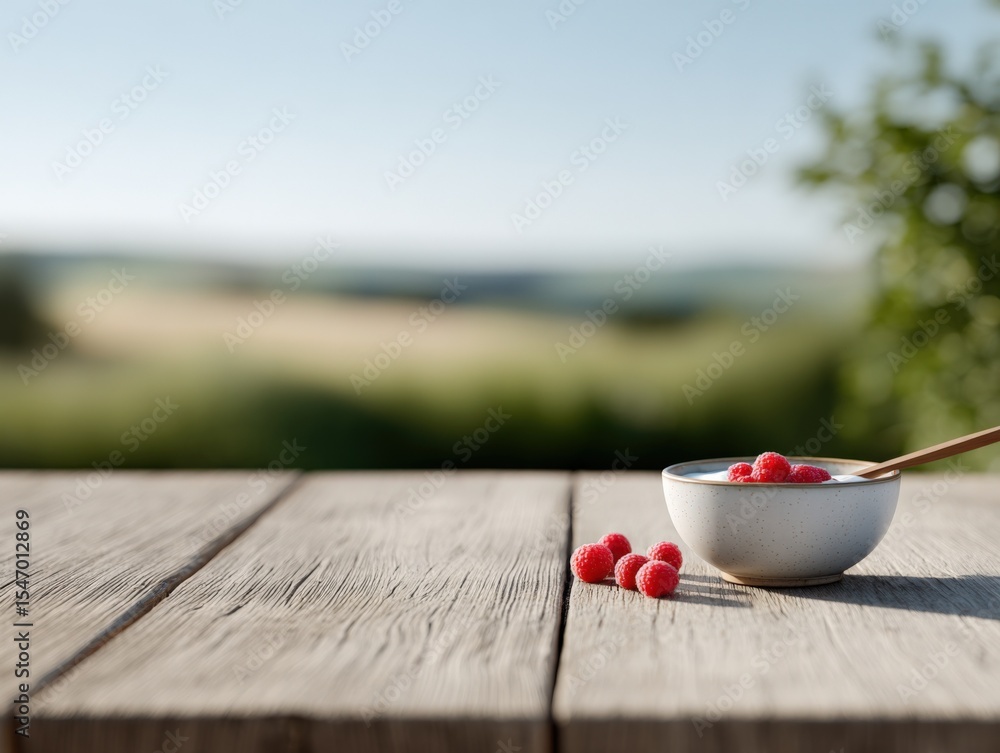 Poster scenic still life image of fresh raspberries in a white bowl on a rustic wooden table with a natural