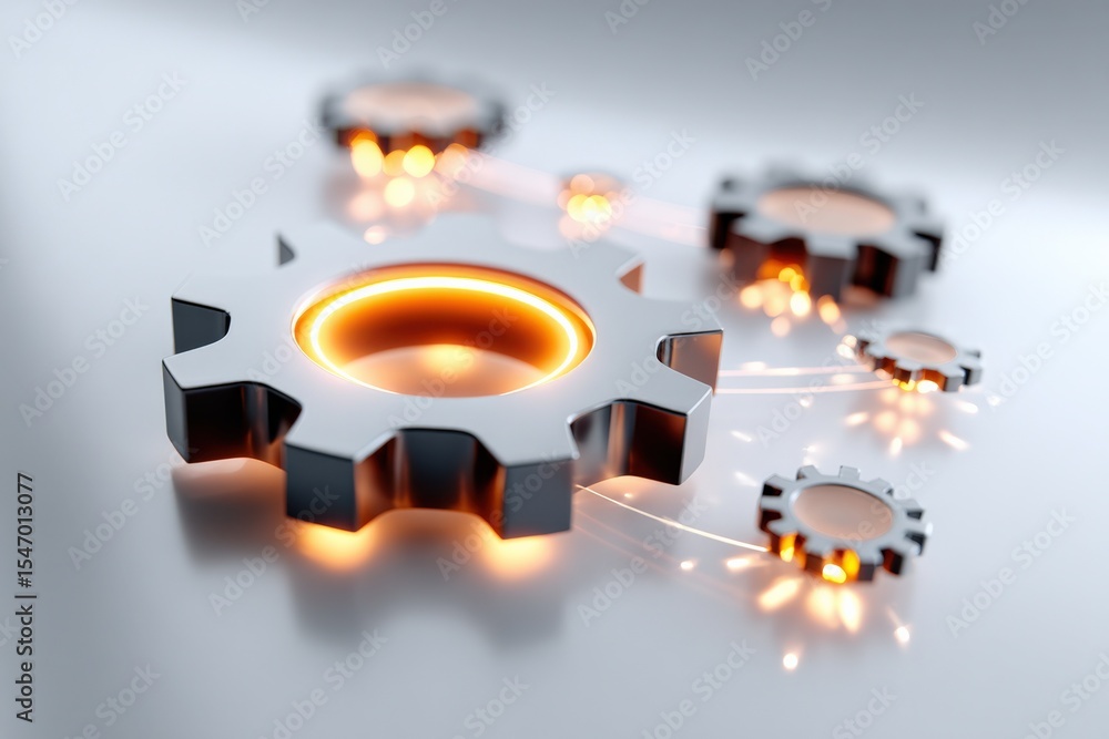 Poster close-up of interconnected metallic gears with glowing orange light and digital connections on blurr