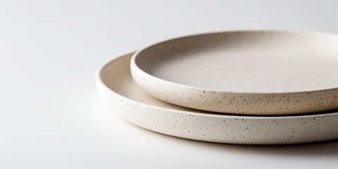 Elegant minimalist beige speckled ceramic dinnerware set with shallow bowls for casual dining and stylish table presentation