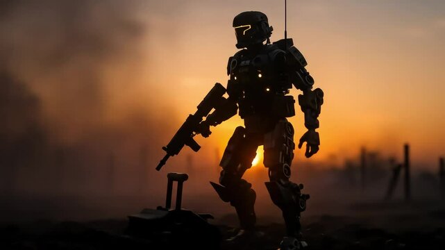 Robot Soldier in Smoky Battlefield Sunset