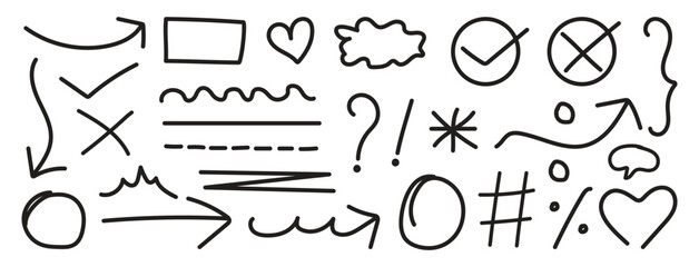 Hand drawn line chalk brush stroke icon set. Hand drawn marker sketch style underline, arrow, heart shape. Chalk crayon texture in rough hand sketch style _ Vector illustration