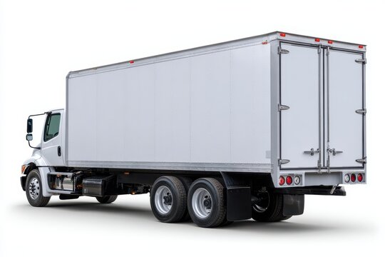 White box truck rear view isolated on white