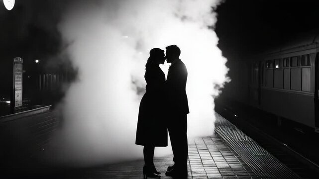 A man and woman kissing at a train station platform in the rain.