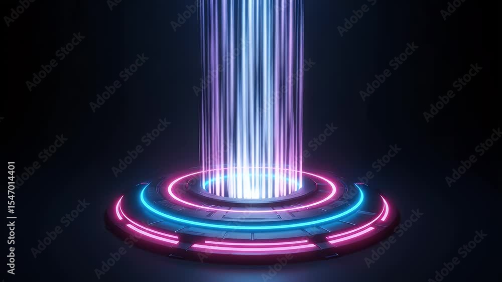 Poster abstract neon light display with concentric circles and vertical beams