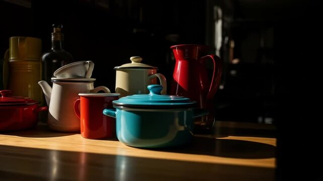 Colorful Enamelware Cookware on Wooden Table