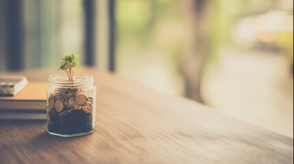 Small green plant sprouting from a jar of coins on a desk, symbolizing financial growth and new beginnings