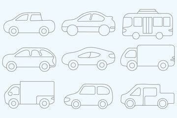 Variety of Car Silhouettes in Simple Line Art. Set of various car. eps 10