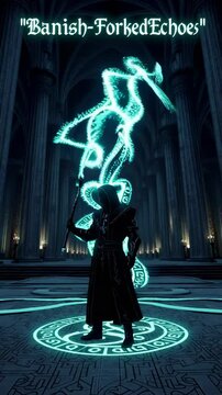 Sorcerer casting banish forked echoes spell in a mystical sanctuary