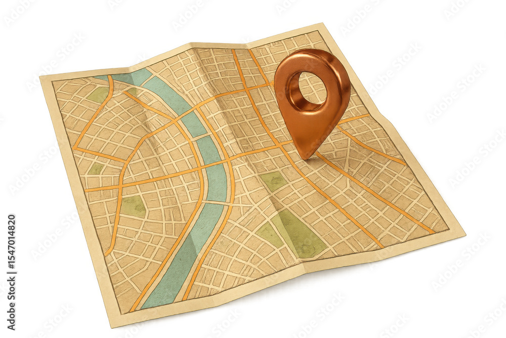 Poster copper location pin marking urban destination on folded paper map, 3d rendering with transparent bac