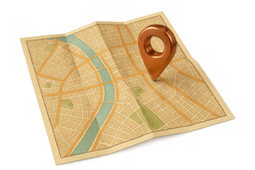 Copper location pin marking urban destination on folded paper map, 3d rendering with transparent backdrop