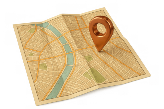 Copper location pin marking urban destination on folded paper map, 3d rendering with transparent backdrop