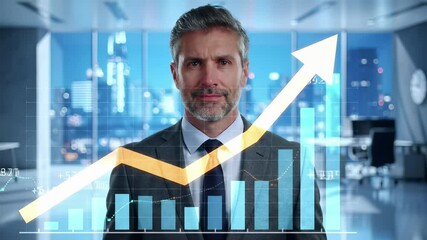 Professional businessman with digital growth chart and upward arrow analytics overlay. Financial success visualization with blue data graphs, statistics and business performance metrics for corporate - Powered by Adobe