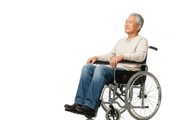 Obraz premium Man sitting in wheelchair looking upward isolated on white background