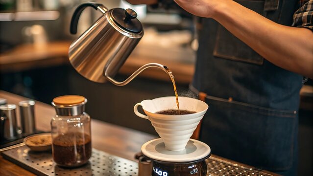 artisan coffee blend rustic minimal warm tone concept Barista pouring coffee into a filter cone with a stylish kettle in a cozy café setting.