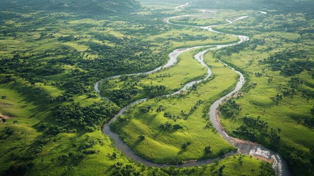 A picturesque view of a winding river meandering through lush green pastures and farmlands, showcasing the geographic diversity and natural beauty.