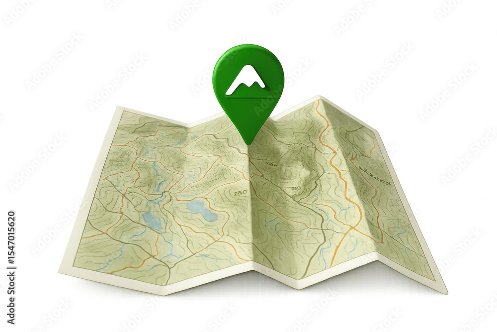 Poster folded topographic map rendering featuring green location pin marking mountain peak against transpar