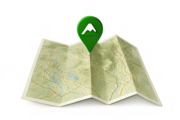 Folded topographic map rendering featuring green location pin marking mountain peak against transparent background