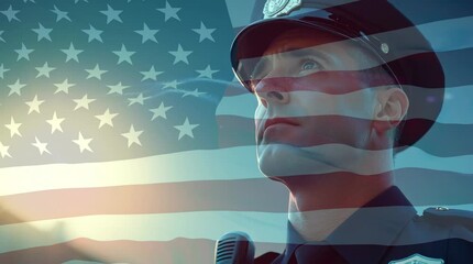 A police officer in full uniform with a badge and a radio on his shoulder stands proudly looking up with a serious and determined expression on his face, an inspiring tone symbolizing duty and service - Powered by Adobe