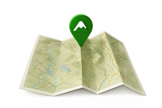 Folded topographic map rendering featuring green location pin marking mountain peak against transparent background