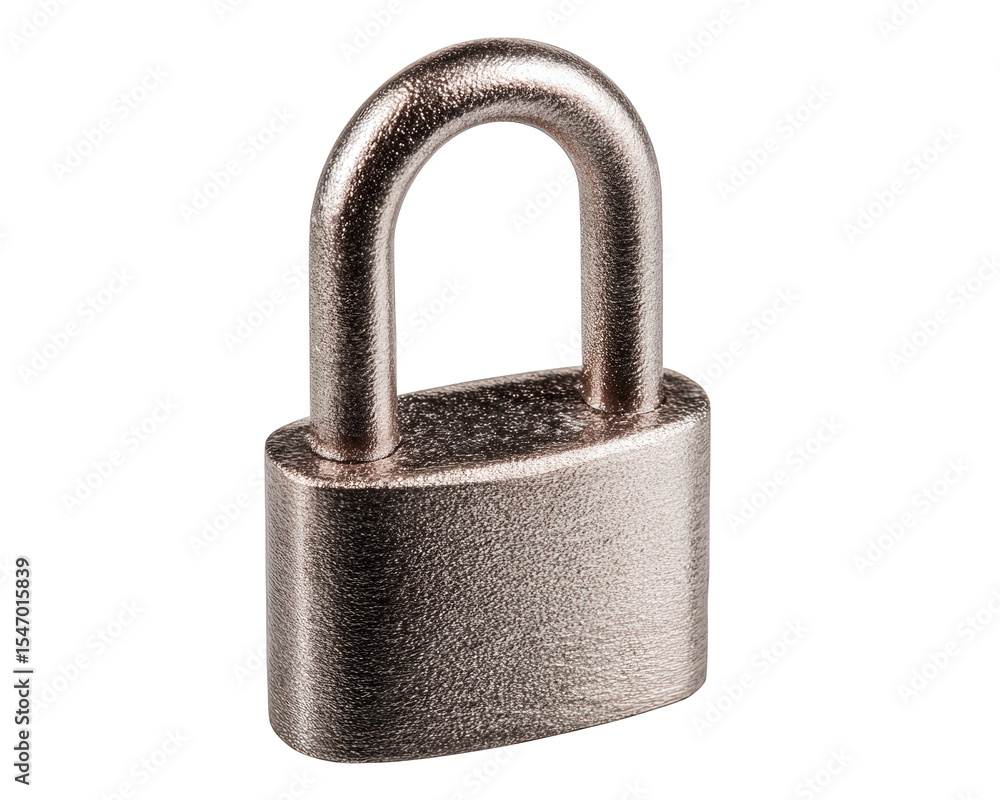 Poster metallic padlock with textured surface isolated on transparency background, symbolizing security and