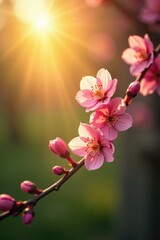 Obraz premium Golden sunbeams through vibrant spring blossoms, soft bokeh, macro, sunny