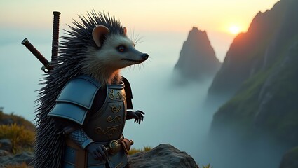 Fototapeta premium A stylized hedgehog character in samurai armor gazes at the sunset over misty mountains.