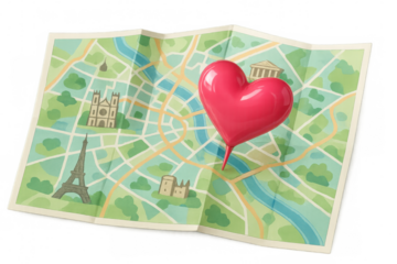 Pink heart shaped pin pointing location on a stylized map of paris, featuring famous monuments, with transparent background