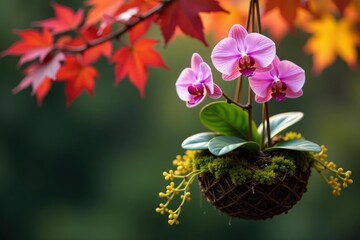Hanging kokedama with orchids & autumn foliage, beautiful, still life