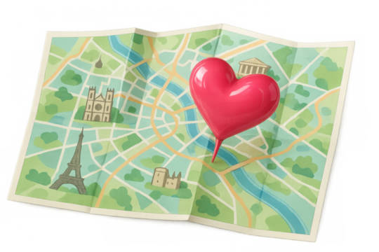 Pink heart shaped pin pointing location on a stylized map of paris, featuring famous monuments, with transparent background
