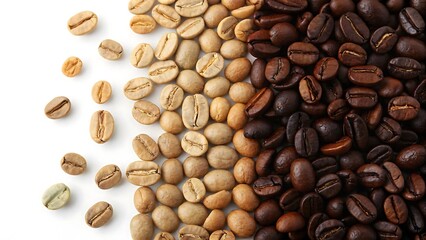 Fototapeta premium Coffee Beans Gourmet Organic Specialty concept Coffee beans displayed in contrasting colors, highlighting raw and roasted varieties.