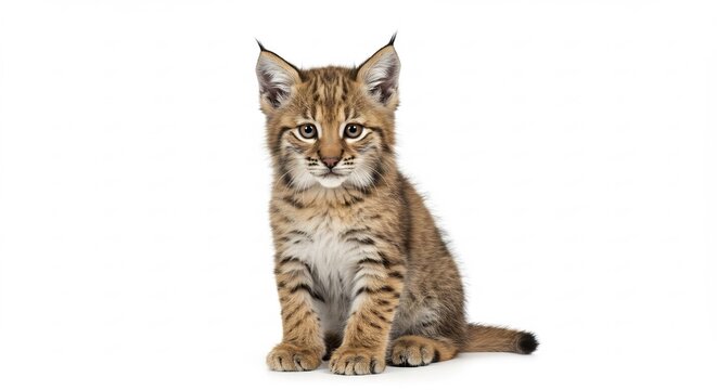 Adorable lynx kitten sits calmly against bright white background. AI Generated