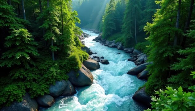 Turbulent rapids carving path through dense forest, viewed from above, wildlife, view, overhead