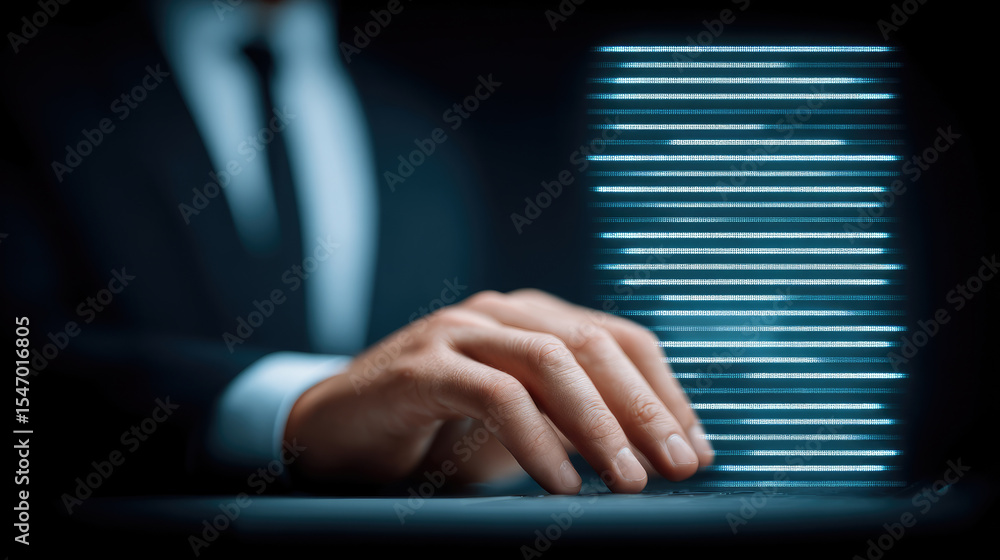 Poster digital data processing action in a corporate environment focused on hands typing technology concept