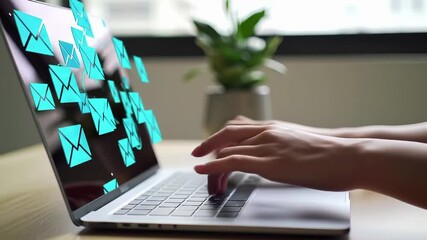 Hands typing on laptop with holographic geometric shapes projected from screen. Digital interface, virtual reality visualization. Modern technology, augmented workspace concept with cyan triangular - Powered by Adobe