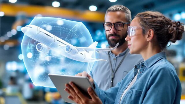 Two aerospace engineers analyze virtual aircraft hologram projection using tablet technology in modern manufacturing facility. Professional consultation, digital design visualization, aviation - Powered by Adobe