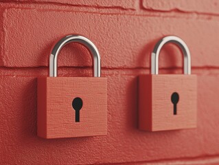 integrity access lock encryption verification concept. Two padlocks on a textured red wall surface.