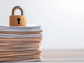integrity access lock encryption verification concept. Stack of documents secured with a padlock in a minimalist setting.
