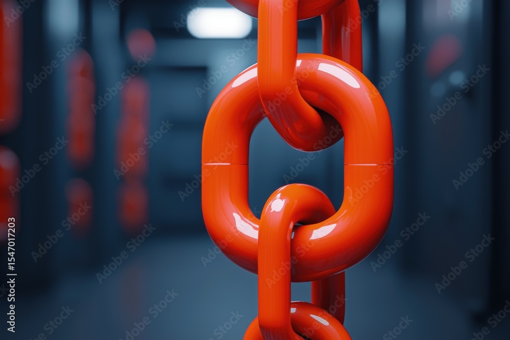 Poster integrity access lock encryption verification concept. vibrant orange chain link against a dark back