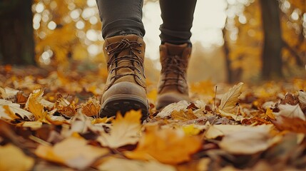 Closeup of walking boots on autumn leaves.