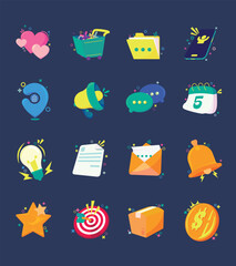 Colorful and cute flat style vector icon set including heart, coin, chat bubble, folder, shopping cart, calendar, idea, and alert bell. Perfect for app UI, web, games, infographic, and digital tools.