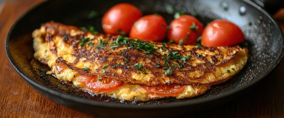 Delicious omelette with fresh tomatoes and herbs on a rustic wooden surface