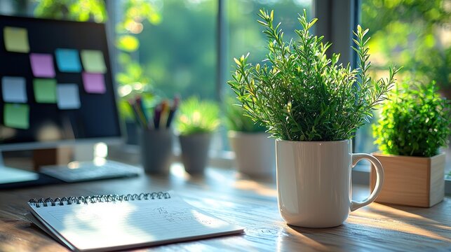 Inspiring workspace with indoor greenery and a bright view, promoting well-being