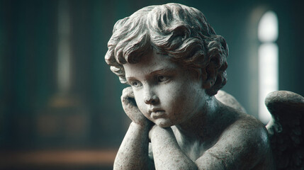 Fototapeta premium Emotional cherub sculpture historical museum art piece dimly lit environment close-up view symbol of innocence and reflection
