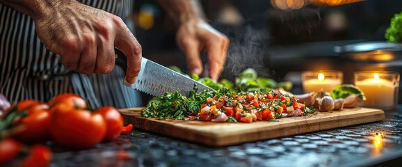 Chef skillfully dicing vegetables on a wooden cutting board in a kitchen setting