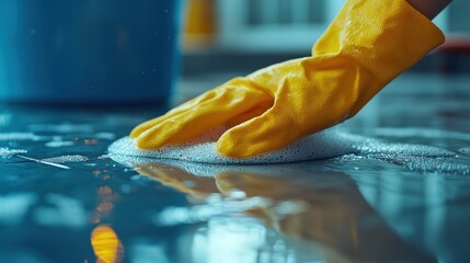 Close up of a hand wearing a yellow glove cleaning a shiny blue surface