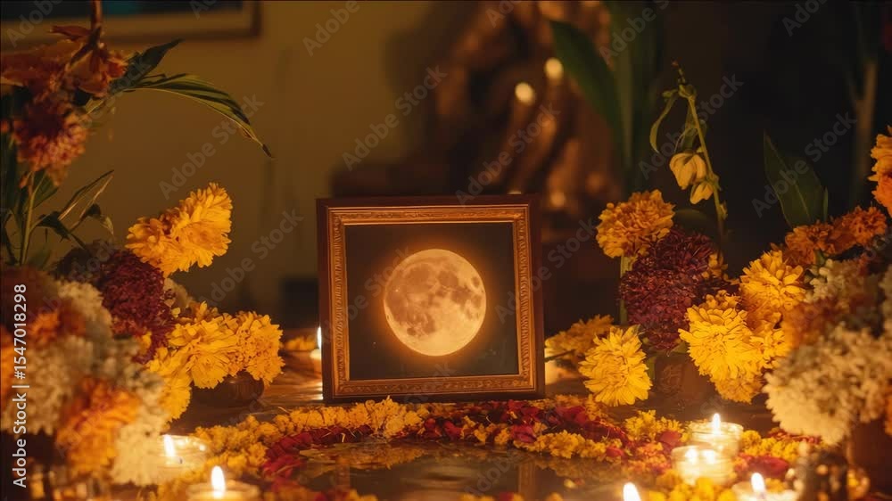 Poster a table with a moon picture and candles on it. the candles are lit and the table is decorated with f